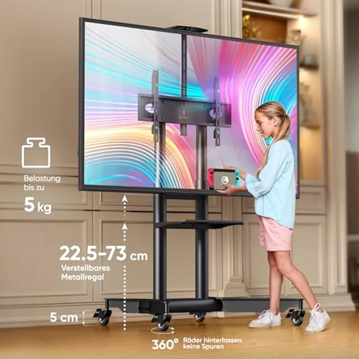 ONKRON TS1571-B, rollbarer TV Ständer für 32-75 Zoll Fernseher, max. Belastung 60 kg, höhenverstellbar, max. VESA 600x400, mit Rollen, schwarz – Bild 5