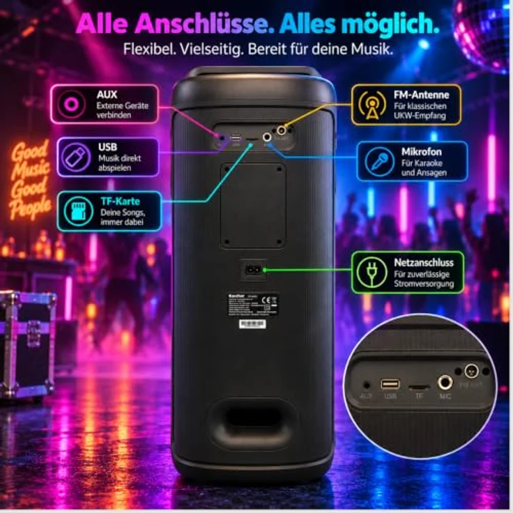 Karcher PS 4480, Bluetooth Party Speaker mit UKW Radio, LED Lichtshow und Mikrofon, schwarz – Bild 4