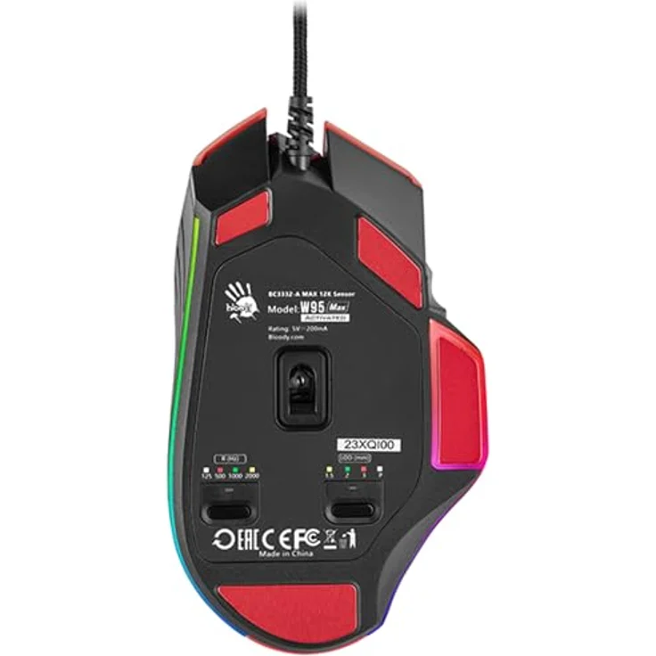 A4tech W95Max Sports Gaming Maus, Optische Kabelgebundene Gaming-Maus, USB 12 000 CPI, 8000 FPS, 250 IPS, 35G, 2000 Hz Ultrapolling (Schwarz/rot) – Bild 4