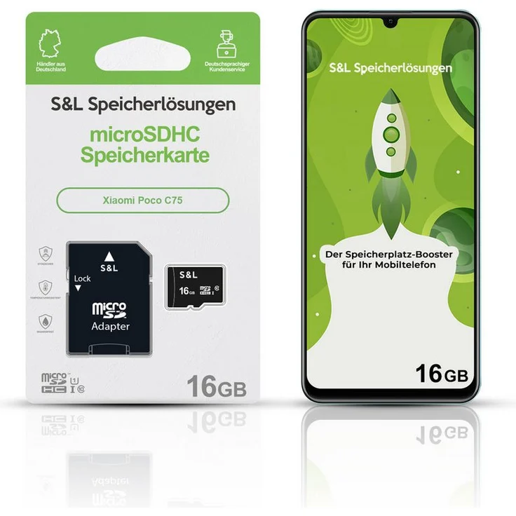 Tec-Expert microSD Karte S&L für Xiaomi Poco C75, 16 GB, Class 10, microSDHC, stoßfest und wasserdicht