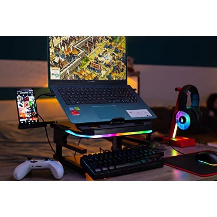 SureFire Portus X2 Gaming Laptop-Ständer, 360° Notebook Stand höhenverstellbar mit RGB-Beleuchtung, Halterung für Laptops mit 10, 17,3 Zoll, Tablet Erhöhung mit Lüftung für den Schreibtisch – Bild 4