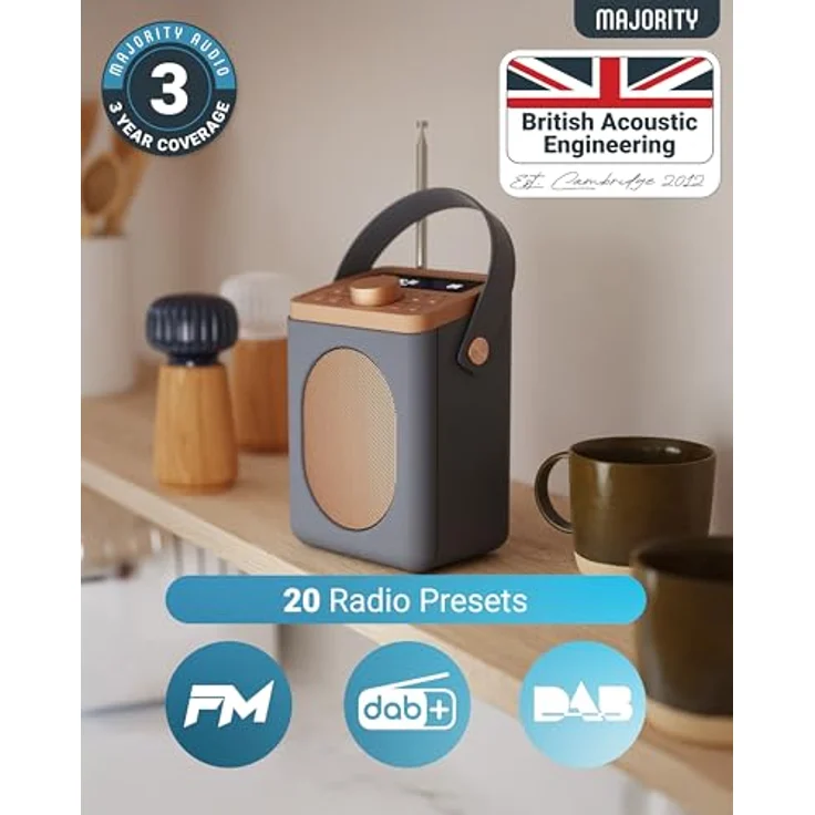 MAJORITY Little Shelford DAB Plus Radio, Küchenradio mit Bluetooth, 15 Stunden Batteriebetrieb, Doppelalarm, Grau – Bild 3