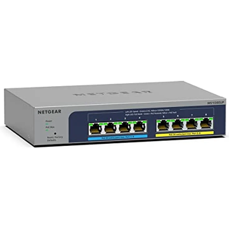 NETGEAR MS108EUP PoE Switch 8 Port Multi-Gig LAN Switch Ultra60 PoE++ 230W Plus (Managed Netzwerk Switch PoE, je 4 PoE+/++ Ports, IGMP, QoS, VLAN, lüfterlos, Grau – Bild 1