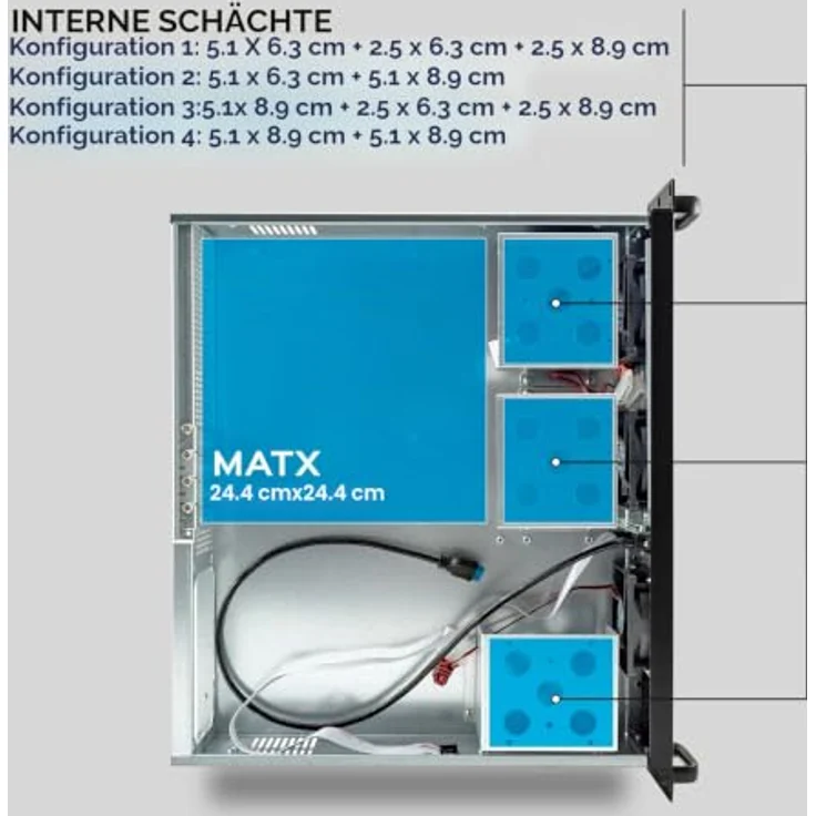 UNYKAch 2U 19″ UK 2129 Rack-Gehäuse, Schwarz-Silber, micro ATX, 4x 3,5" Festplattenslots, 3x 80mm Lüfter – Bild 5
