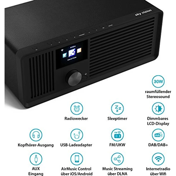 sky vision DAB 70 IR – Stereo DAB Plus Radio, WLAN Internet Radio (DAB+, FM UKW, Radio WLAN-fähig, mit AUX-Anschluss Plus Kabel, Digital Radio Wecker, mit Fernbedienung), schwarz – Bild 6