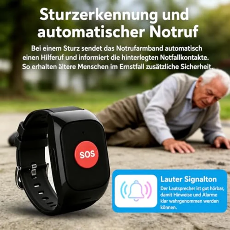 NikuTRAX SOS One Protect – GPS-Notrufarmband für Demenz & Senioren, 4G/LTE, automatische Sturzerkennung, IP67 wassergeschützt, großer SOS-Knopf – Bild 4