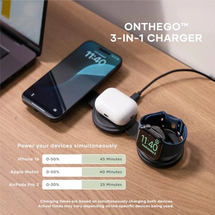 Satechi Onthego 3-in-1 Wireless Charger, vielseitiges Ladegerät für iPhone, Apple Watch und AirPods, schwarz, 15W Qi2 Technologie – Bild 3