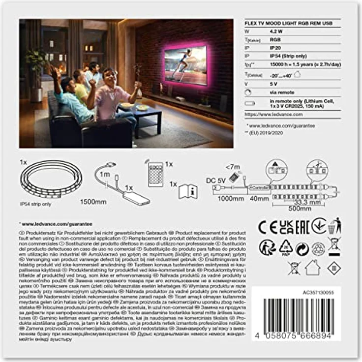 LEDVANCE TV LED Strips 1m mit USB Anschluss, RGB inklusive Fernbedienung, Hintergrundbeleuchtung Fernseher, Beleuchtung für Bilder, Lichtband selbstklebend, TV Surround FLEX St Rgbw-farben Änderbar – Bild 4