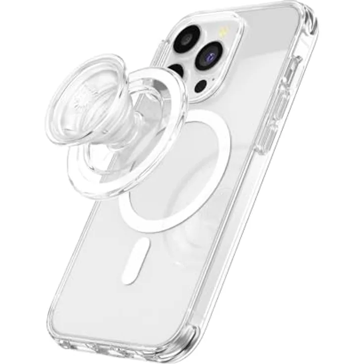 PopSockets PopGrip runder Telefongriff, kompatibel mit MagSafe, inkl. Adapterring, kabelloses Laden - Clear