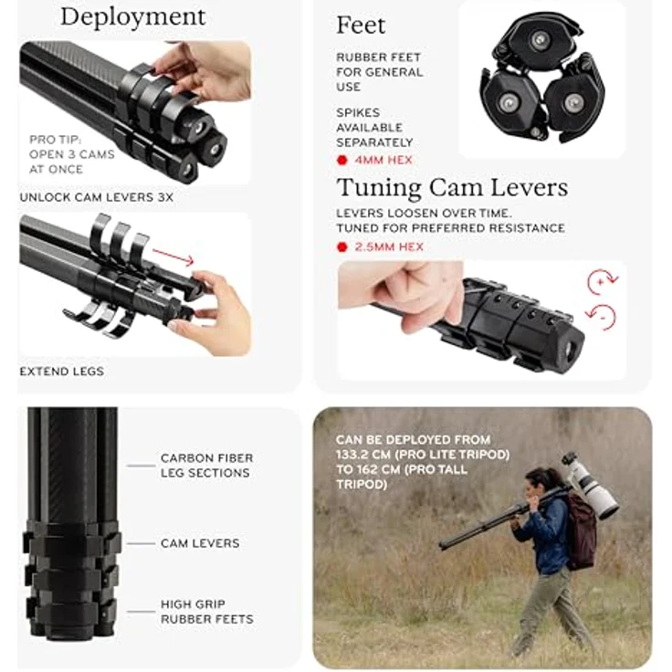 Peak Design Pro Lite Tripod, leichtes Stativ mit 15,9 kg Tragkraft und Pro-Kugelkopf, schwarz – Bild 8