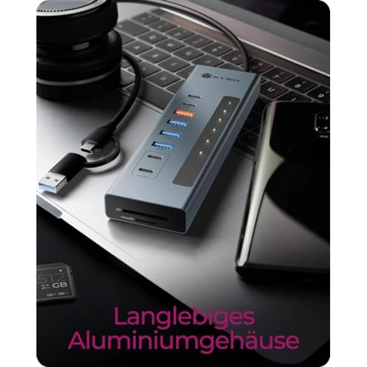 ICY Box IB-HUB1742CR-C2PD, 11-in-1 USB-C Hub mit 2x USB-C (10 Gbit/s), 4x USB-A (5/10 Gbit/s), 100 W PD, SD/microSD UHS-I Kartenleser, Aluminiumgehäuse – Bild 4