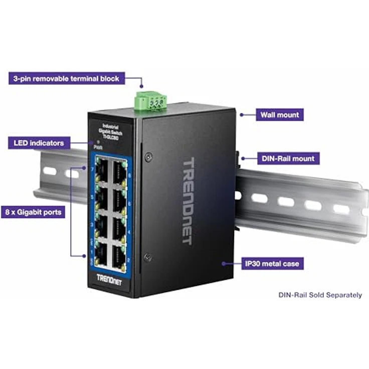 TRENDnet 8-Port Industrial Gigabit DIN-Rail Mini Switch, TI-GLC80, Extreme Temperatur IP30, 16Gbps Switch-Kapazität, Schwarz – Bild 2