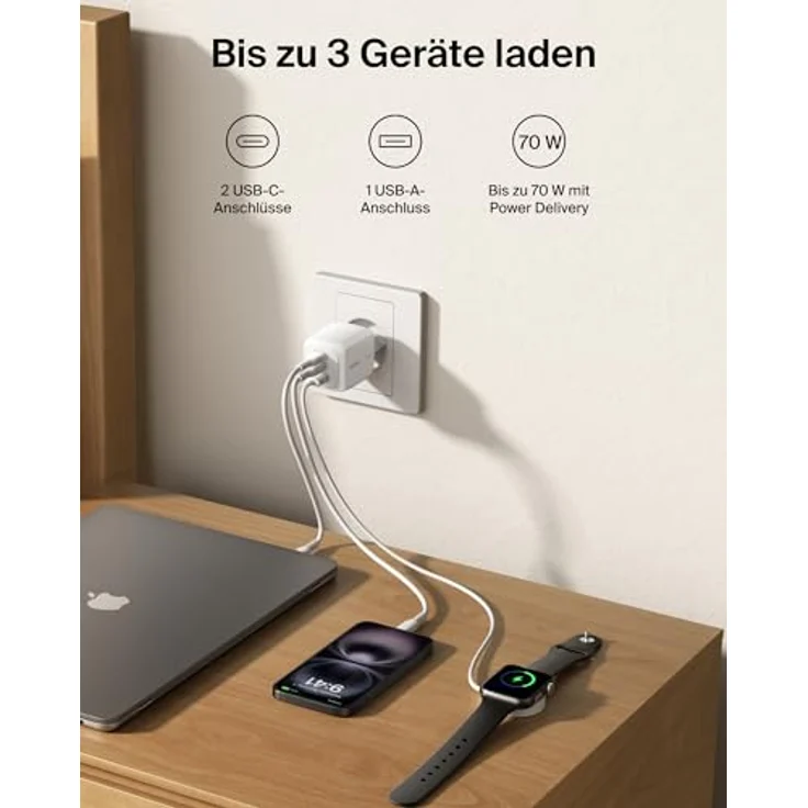Belkin Boostcharge 70 W USB-C Ladegerät, 2x USB-C und 1x USB-A, effizientes Schnellladen, weiss – Bild 2