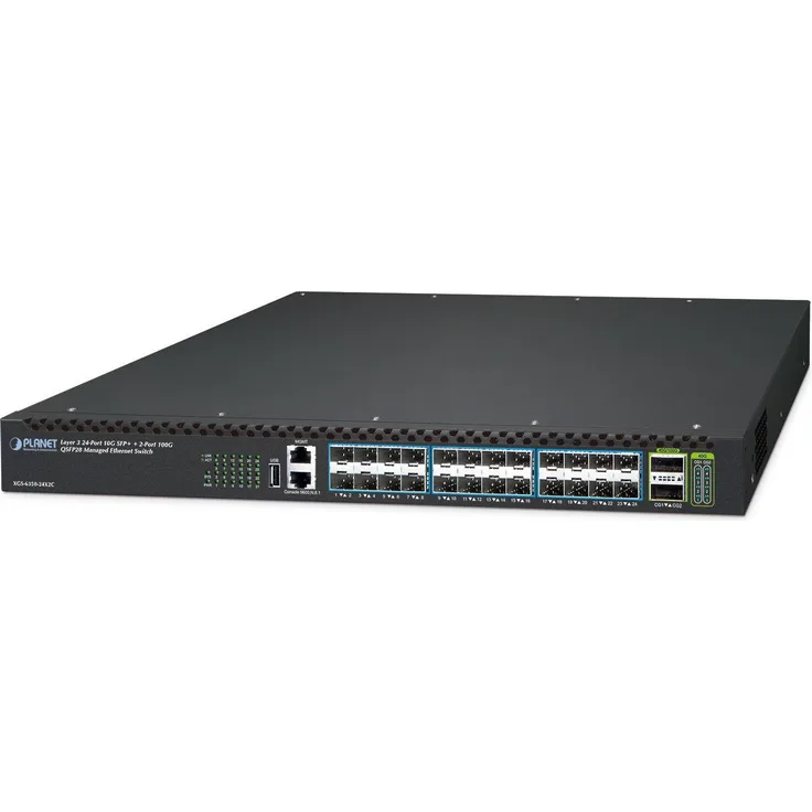 Planet 24-Port SFP+ Layer 3 Managed Switch XGS-6350-24X2C, 880 Gbit/s Switching-Kapazität, erweiterte MAC-Adressentabelle, Schwarz