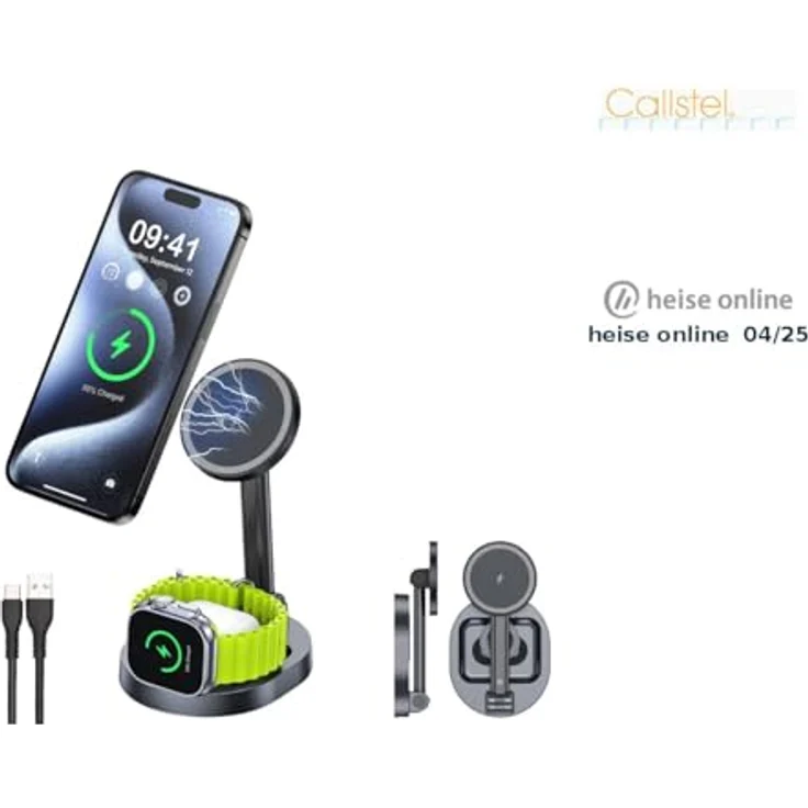 Callstel Faltbare 3in1-MagSafe-Ladestation, Wireless Charger für iPhone, Apple Watch und AirPods, 15W schnellladefähig, USB-C-Eingang, vertikaler Stand, kompakt und einstellbarer Winkel, schwarz – Bild 2