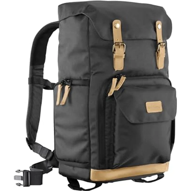 Mantona Luis Retro Fotorucksack (mit Echtleder-Applikationen, inkl. Regenschutzhülle, flexible Einteilung und Laptopfach, geeignet für 1x DSLR-Kamera, 3x Objektive und diverses Fotozubehör) schwarz – Bild 2