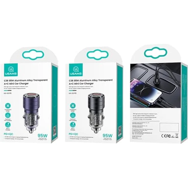 Usams Autoladegerät Mini US-CC176 Dualer USB-Anschluss und Typ-C, Schnellladung, 95 W, Transparent / Schwarz – Bild 9