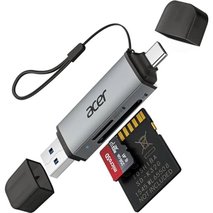 Acer SD Kartenleser, Dual USB 3.0 OTG Adapter für SD/Micro SD/TF/SDHC/SDXC, kompatibel mit iPhone 15/16/17, Android/Windows/macOS, Aluminium Design