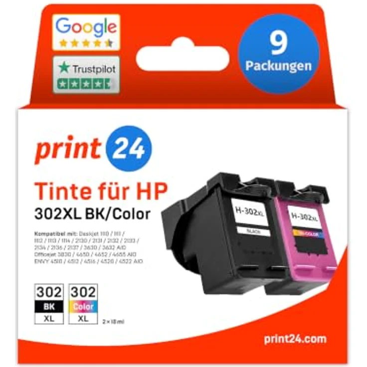 print24 Tintenpatrone 302XL, 9-tlg. Packung, schwarz, cyan, magenta, gelb, hohe Druckleistung für HP Drucker – Bild 1