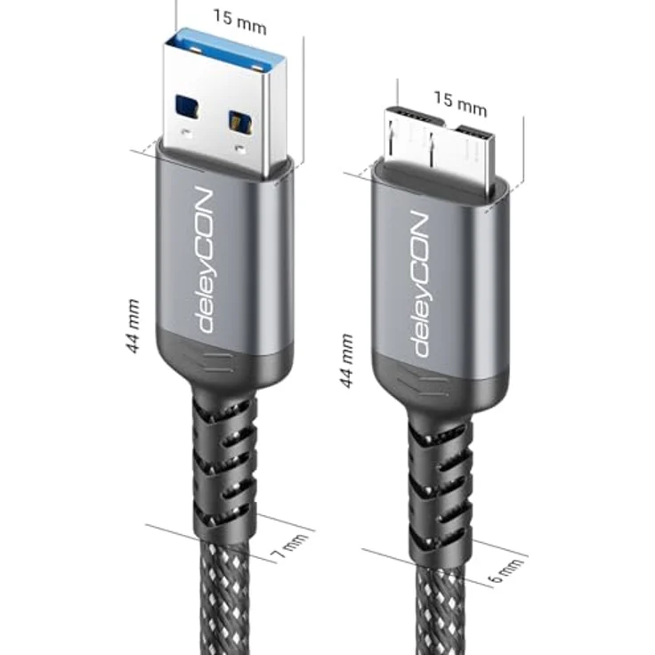 deleyCON 3,0m USB 3.0 Micro B Kabel 5Gbps - USB A auf Micro B Stecker - Datenkabel für externe Festplatten und Geräte - robustes Nylonkabel mit optimalem Knickschutz – Bild 2