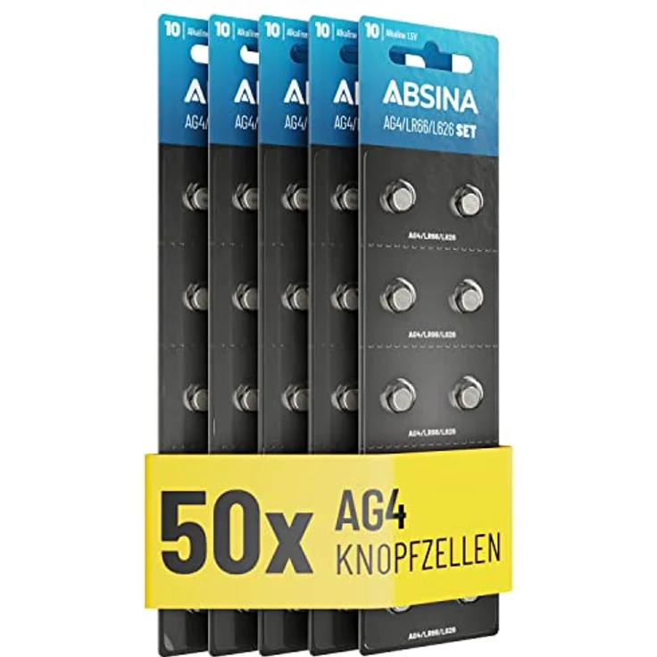 ABSINA AG4 LR66 Knopfzelle 50er Pack, 1,5V Alkaline auslaufsicher & langlebig, ideal für Uhren, Thermometer & Spielzeug – Bild 1