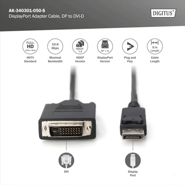 Assmann DisplayPort adapter cable. DP - DVI (24+1) M/M. 5.0m. w/interlock. DP 1.2 compatible. UL. CE. bl (AK-340301-050-S) – Bild 3