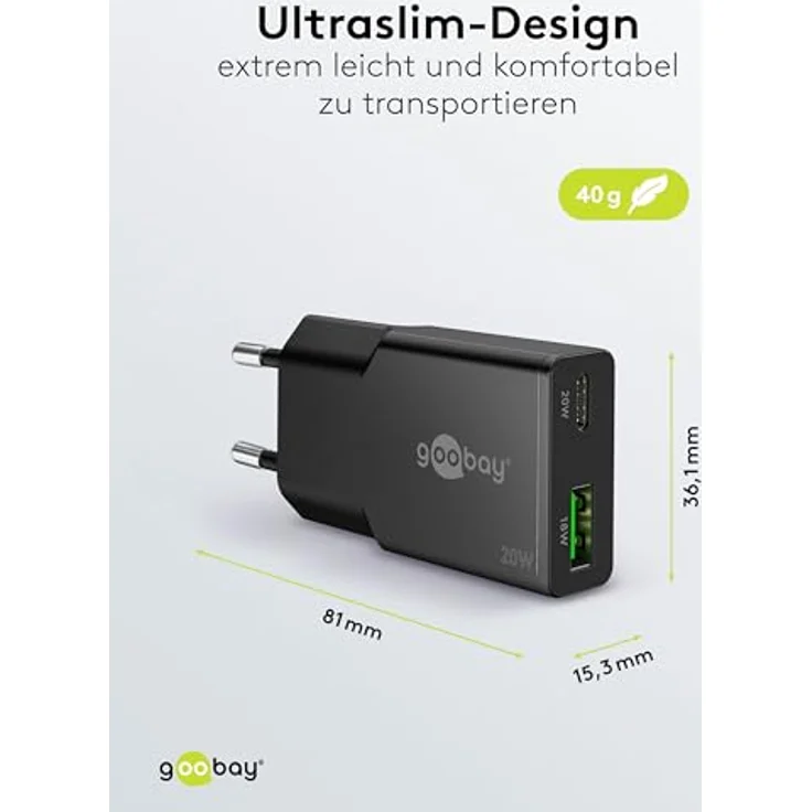 goobay USB-C PD GaN Dual-Schnellladegerät Slim 20W (Schwarz), kompaktes Netzteil mit USB-A Anschluss und Quick Charge für Smartphone & Tablet – Bild 3