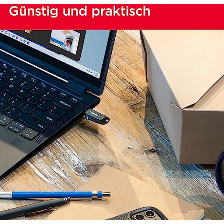 SanDisk Ultra Curve 3.2 Flash-Laufwerk 256 GB (bis zu 100 MB/s Lesen, RescuePRO Deluxe-Software, Schlüsselringöse) Blau – Bild 4