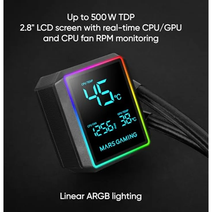 Mars Gaming ML-LCDPRO240 AIO Flüssigkeitskühlung, 500W TDP, 2,8" LCD-Bildschirm, 4. Gen Opti-Chamber Pumpe, 2x 120 mm ARGB Lüfter, Schwarz – Bild 2