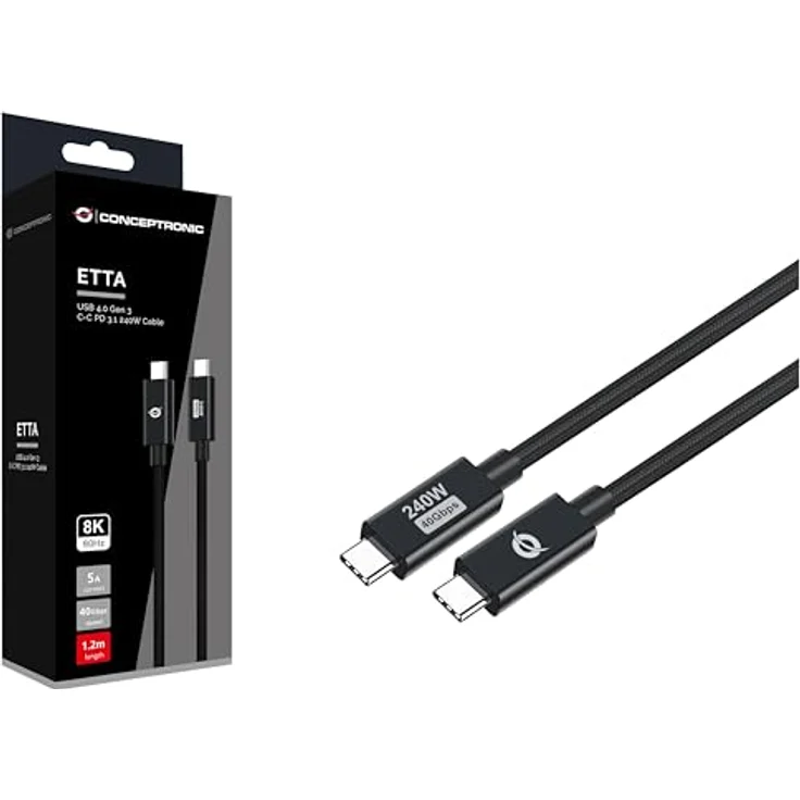 Conceptronic ETTA04B12 USB-C 4.0 Kabel, 1,2m, 40Gbps, 5A, schwarz, geeignet für 8K-Videoauflösungen, geflochtenes Design – Bild 3