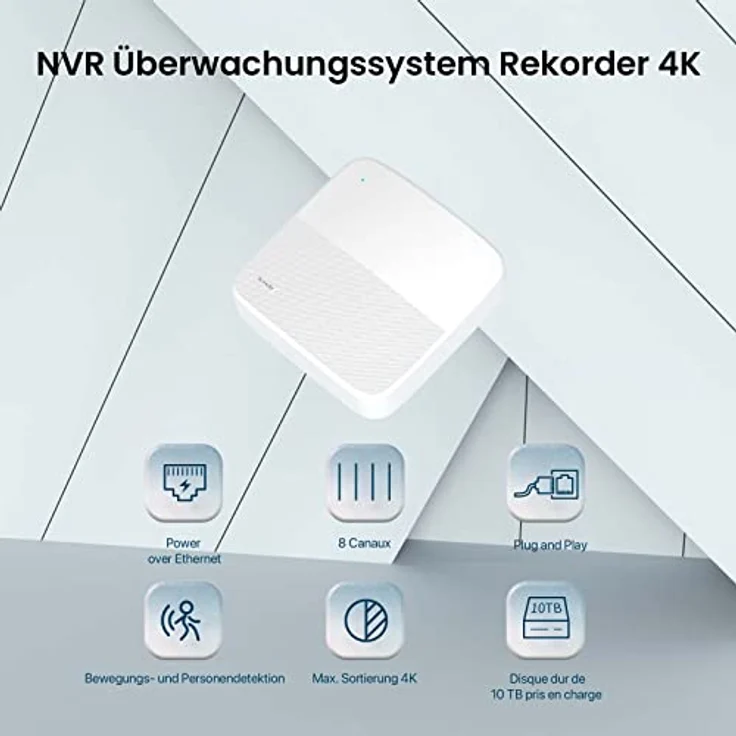 Tenda N6P-8H, 4K PoE NVR Überwachungssystem Rekorder, 8CH, 250m Langstreckenübertragung, H.265+, Plug und Play, HDD- und Cloud-Speicher bis 10TB, 4KV Blitzschutz, APP Fernüberwachung – Bild 2