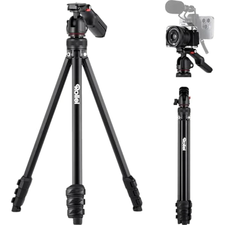 Rollei Compact Creator Stativ, 152cm Reisestativ aus Aluminium mit integrierter Handy-Halterung, Fernauslöser und 360° Kugelkopf für DSLR und Smartphones – Bild 1