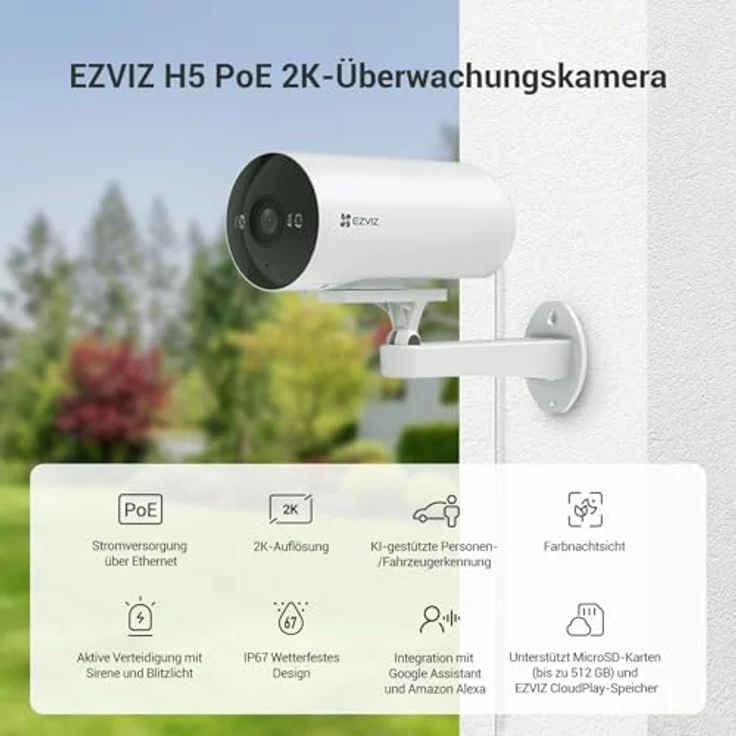 EZVIZ H5 PoE, 2K Intelligente Außenüberwachungskamera mit Personen-/Fahrzeugerkennung, Farbnachtsicht, IP67 wasserdicht, 512 GB Speicher, WLAN IP Kamera mit Aktiver Verteidigung – Bild 2