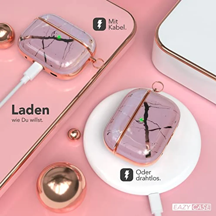 EAZY CASE AirPods Pro 2 Hülle Rosa Hard Case Stoßfest mit Karabiner - Antikratz, rutschfest, Rosegold Marmor – Bild 5