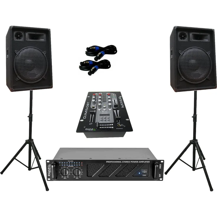 DSX PA Party DJ Disco Lautsprecher Set, 3-Wege Verstärker mit Bluetooth Mixer und Stativen, 1680 Watt, schwarz