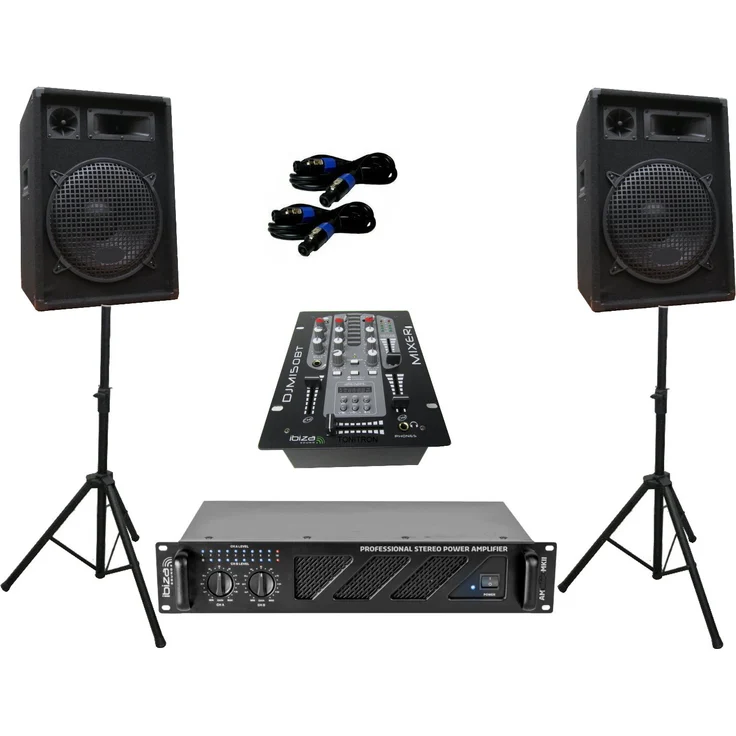 DSX PA Party DJ Disco Lautsprecher Set, 3-Wege Verstärker mit Bluetooth Mixer und Stativen, 1680 Watt, schwarz