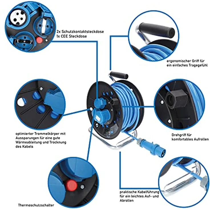 KALLE DAS KABEL CEE-Campingkabeltrommel KTP, 25m Polyurethan H07BQ-F 3G 2,5mm² mit 1,5m Anschlussleitung, IP44 Schutzart, 2 Schuko- und 1 CEE-Steckdose – Bild 3