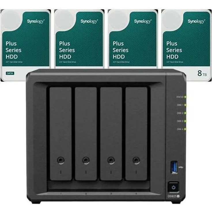 Synology DS925+ DiskStation, 32TB NAS mit 4x 8TB Plus 3.5" SATA 6Gb/s Festplatten, Hot Swapping