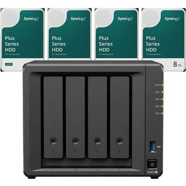 Synology DS925+ DiskStation, 32TB NAS mit 4x 8TB Plus 3.5" SATA 6Gb/s Festplatten, Hot Swapping