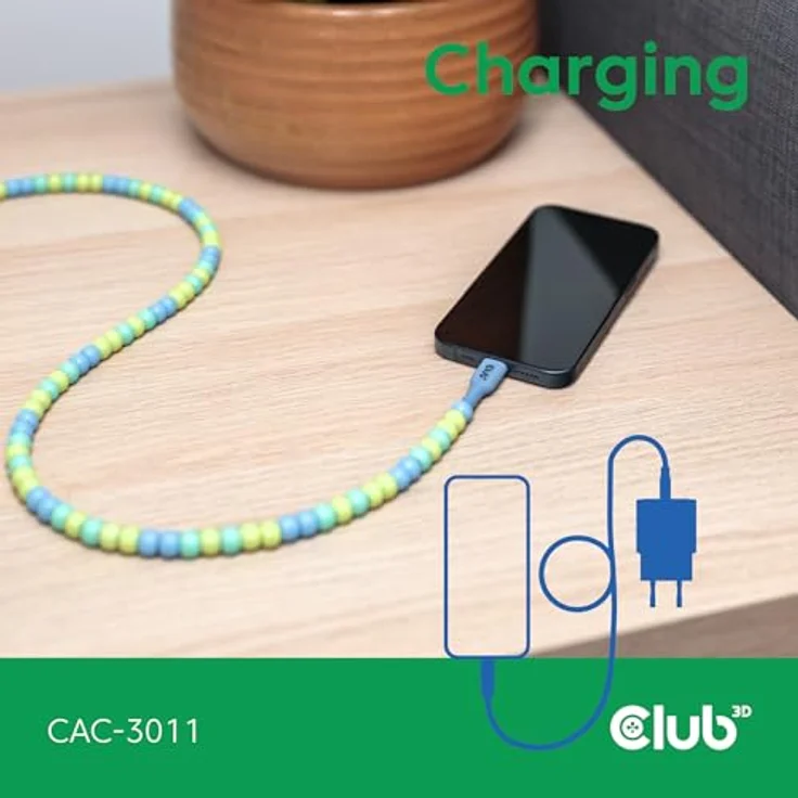 Club 3D CAC-3011 USB-C® Perlenkabel Blau, Datenübertragung bis zu 480Mbps, Leistungsabgabe bis zu 60Watt mit E-Marker-Chip – Bild 5
