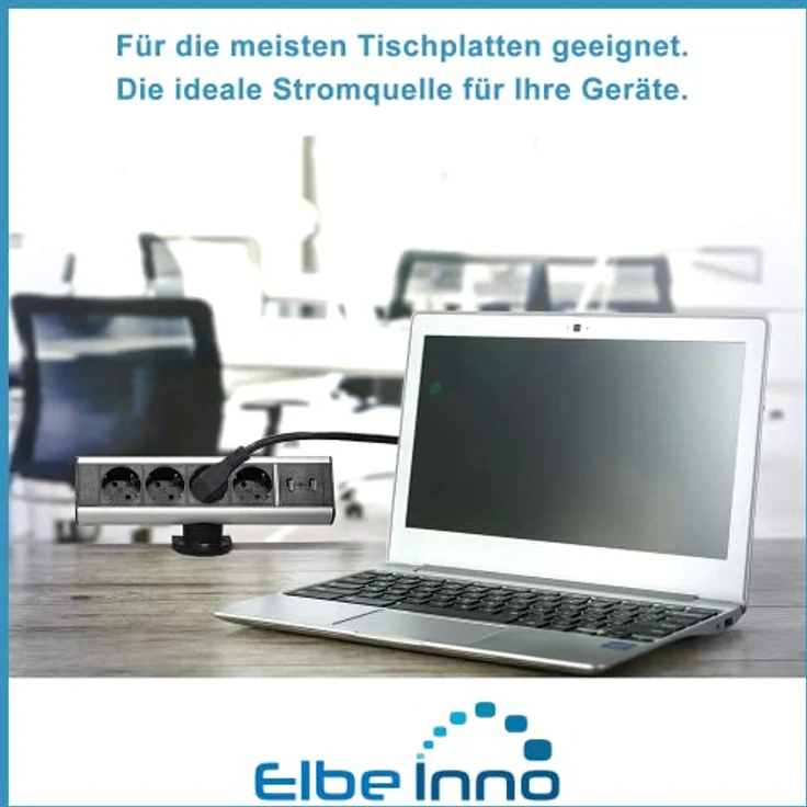 Elbe Inno Tischsteckdose T-Form mit 4 Steckdosen & 2 USB-A, Hochwertige Aluminiumsteckdosenleiste in schwarz-grau für Arbeitsplatte – Bild 2
