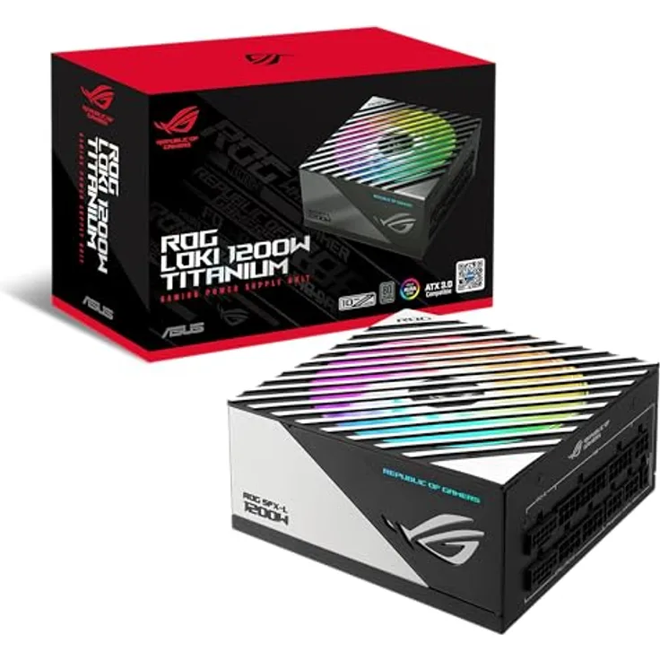 ASUS ROG Loki SFX-L 1200W Titanium vollmodulares Gaming Netzteil (120mm PWM ARGB Lüfter, ATX 3.0, PCIe 5.0 Ready, inkl. 16-poligem Kabel, 80+ Titanium Zertifizierung, Lambda Standard++Zertifizierung)