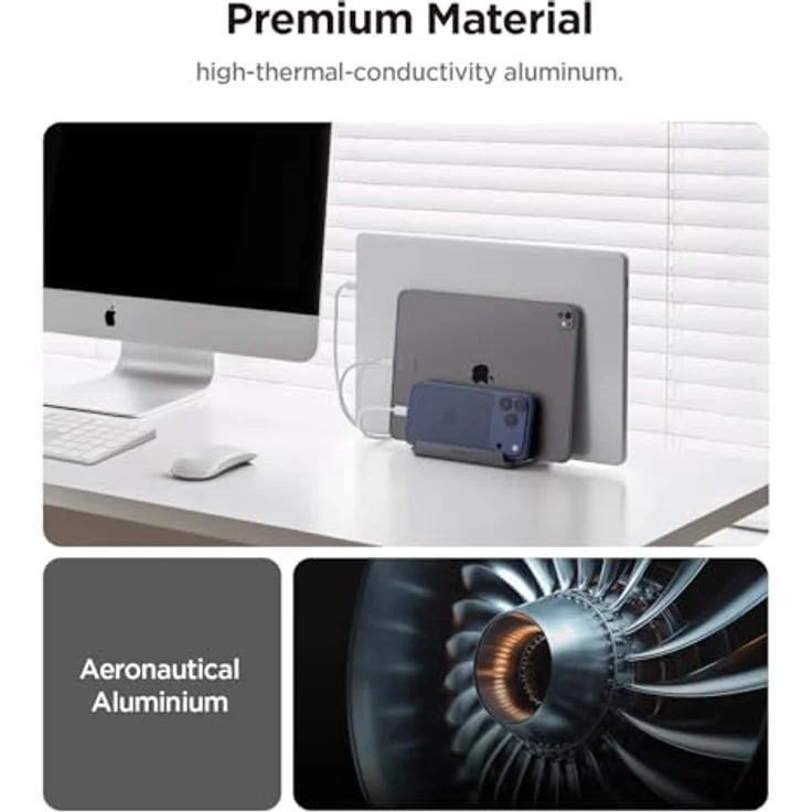 Spigen Vertikaler Laptop Ständer [4 in 1], Premium-Aluminium Organizer mit verstellbaren Slots, Silikonschutz, kompatibel mit MacBook Pro Air Mini Neo, iPad, iPhone 17 16 15, Galaxy, Pixel, Space Grau – Bild 5