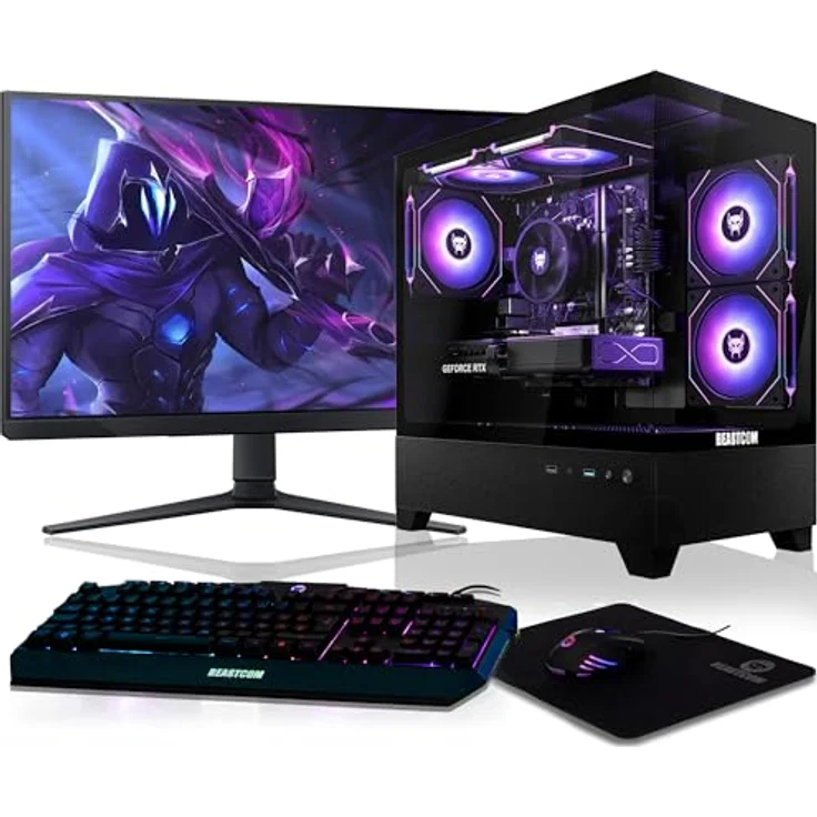 BEASTCOM Q5 Pro Gaming PC, AMD Ryzen 7 5700X 4,60GHz, NVIDIA RTX 5060 8GB, 16GB RAM, 1TB NVMe SSD, 27" LED Monitor, schwarz, Windows 11, inkl. RGB Tastatur-Set – Bild 1