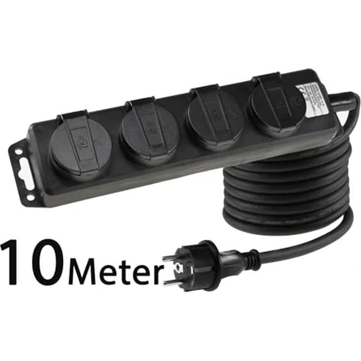 ChiliTec 4-Fach Steckdosenleiste Aussensteckdose mit 10m Kabel, IP44, 4 Schutzkontaktsteckdosen, Klappdeckel, Schwarz, 230V, 16A – Bild 2