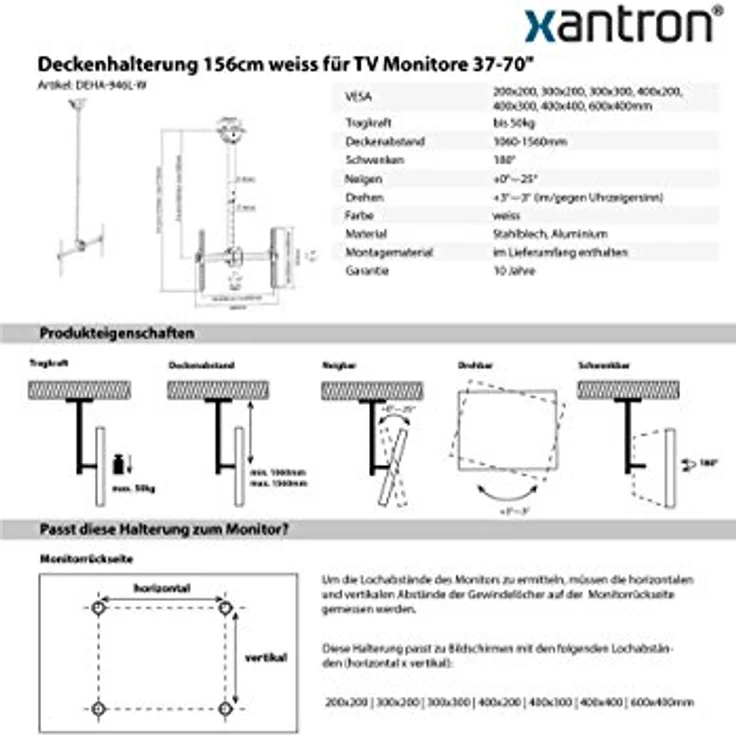 Xantron Deckenhalterung Weiss für TV Monitore 37-70" schwenkbar, neigbar, drehbar, höhenverstellbar – Bild 3