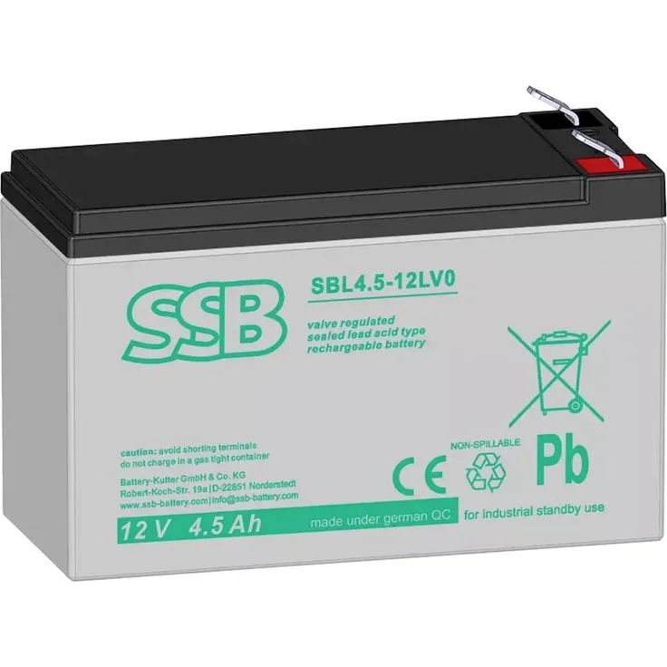 SSB Electronic SBL4.5-12LV0, Bleiakku 12V 4.5Ah AGM für USV und Notbeleuchtung, kompakte Bauform 38 x 100 x 140mm