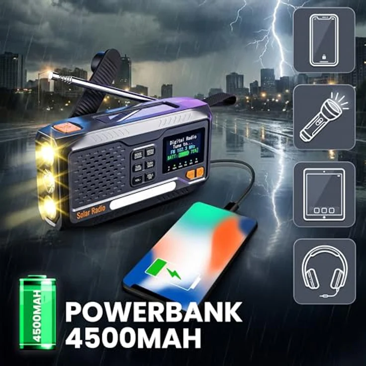 Extralink BT-4000 Notfallradio, Bluetooth Solar mit Kurbel, 4000 mAh Powerbank, FM/DAB, Taschenlampe und SOS-Alarm – Bild 7