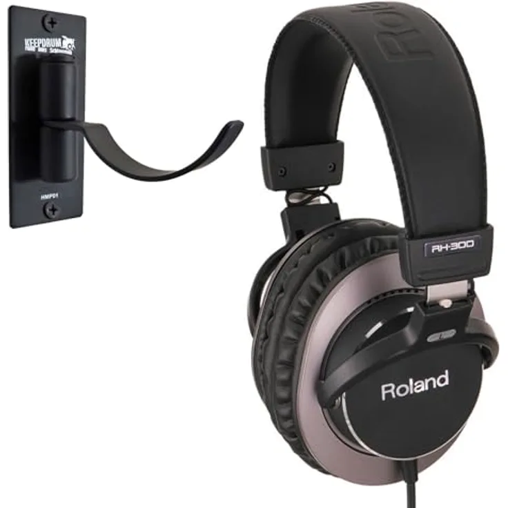 Roland RH-300 geschlossener Studio-Kopfhörer + keepdrum Kopfhörer Wandhalter, dynamisch, breiter Frequenzbereich, inkl. Tasche und Klinkenadapter