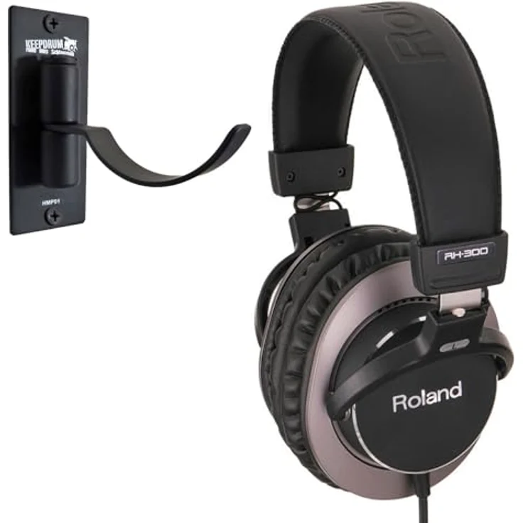 Roland RH-300 geschlossener Studio-Kopfhörer + keepdrum Kopfhörer Wandhalter, dynamisch, breiter Frequenzbereich, inkl. Tasche und Klinkenadapter – Bild 1